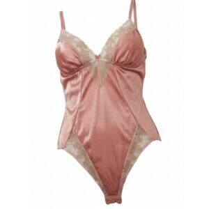 Vintage Sear Shiny Pink Satin Teddy Bodysuit Peek a Boo V Neck Womens Size 32